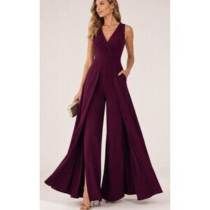 Burgundy Palazzo Jumpsuit Women’s Formal Dress Illusion Wide Leg  size L NWT